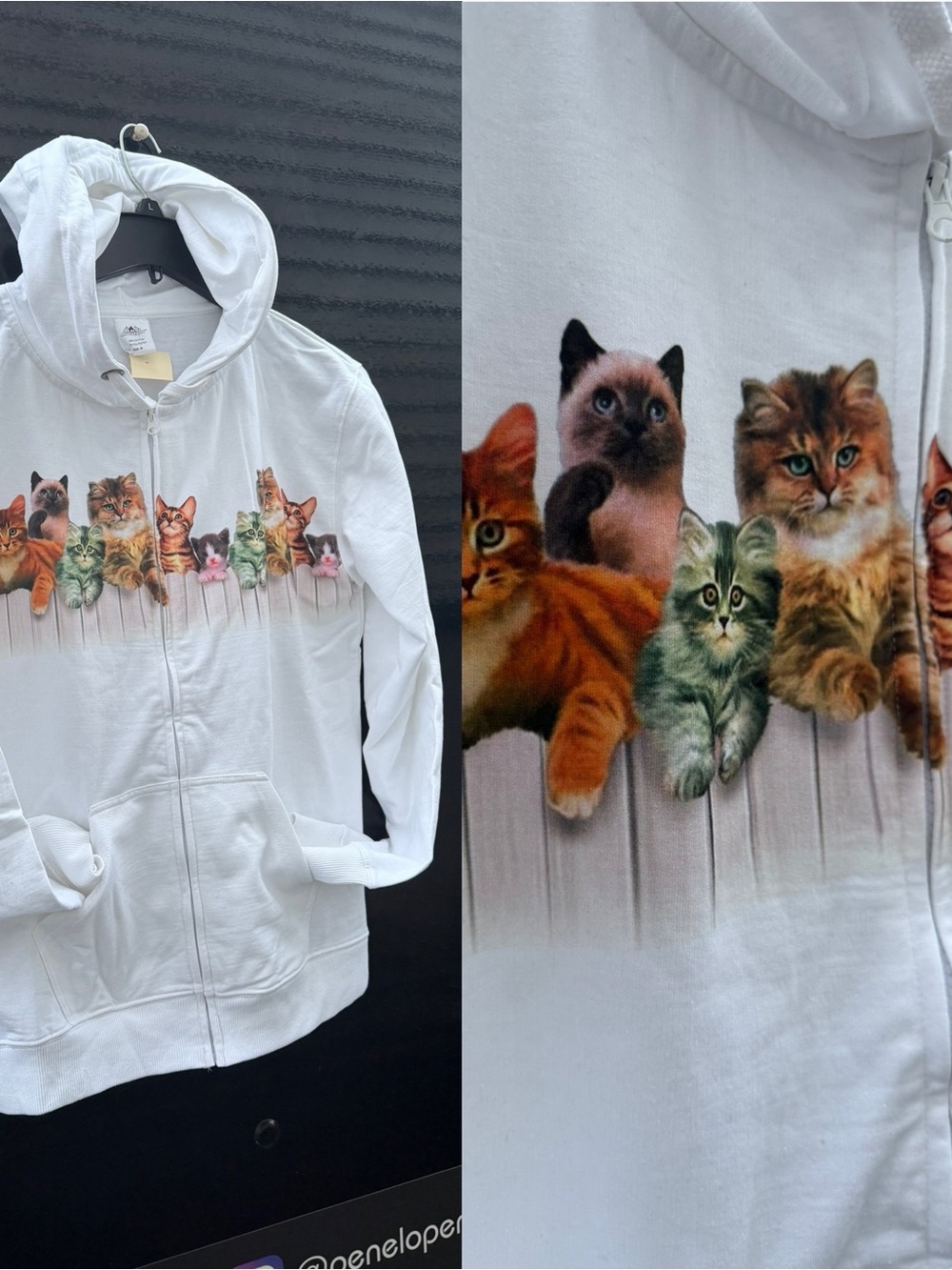 White Cat Print Zip-Up Hoodie - Cats Design
